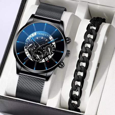 طقم مكون من قطعتين : سوار ساعة كوارتز وسوار شبكي كاجوال