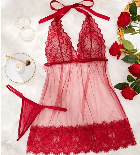 Robe Babydoll en Lingerie à Col ras-du-cou Contraste de Dentelle et de Maille