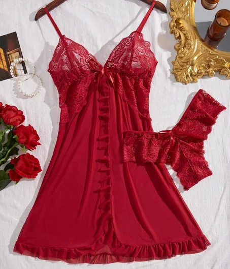 Robe à empiècement en dentelle au design mode, nuisette à col en V