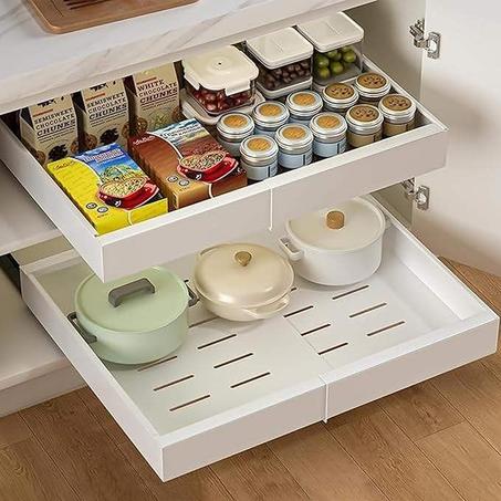 organizador extensible de gabinete extraíble – cajón deslizante ajustable profundo para despegar y pegar, estante enrollable para organización de despensa del baño en casa, 4 ganchos adhesivo