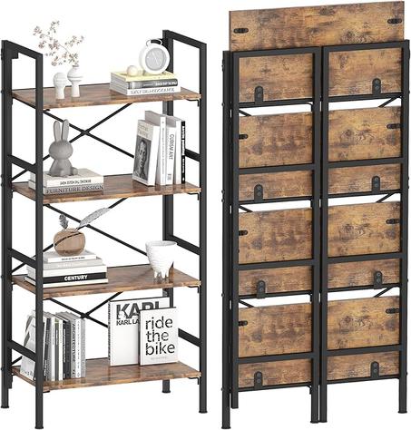 Estantería plegable, estantería plegable de 4 niveles con diseño de soporte en X, patas ajustables, almacenamiento que ahorra espacio para sala de estar, oficina, marrón rústico