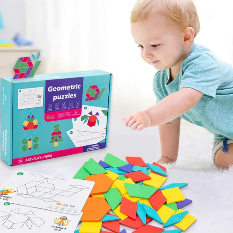 Bloc de Puzzle Tangram Montessori en Bois 130 PCS pour Enfants - Jacootoys