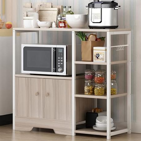 جانتينز حامل ميكروويف مع خزانة تخزين و5 خطافات طاولة قهوة كرنر ورف للمطبخ مطبخ من 3 طبقات للتوابل والاواني وادوات المائدة (بيج) معدن