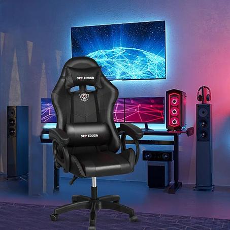 كرسي العاب بظهر مرتفع من سكاي تاتش كمبيوتر قابل للتعديل مصنوع من الجلد الصناعي بتصميم مريح لدعم اسفل الظهر مزود بمسند راس وذراع لون اسود حديد