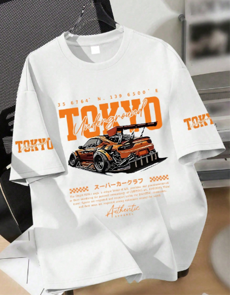 تي شيرت طوكيو جرافيكي للأولاد المراهقين، بأكمام قصيرة، طبعة سيارة، أجواء سباق، طراز حضري