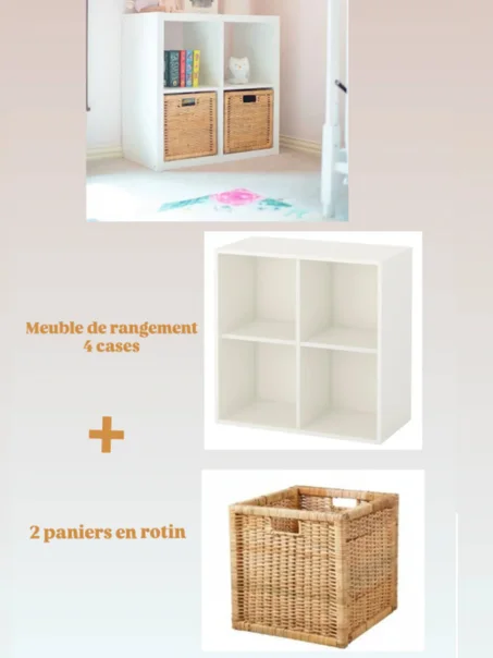Meuble de rangement à 4 cases + 2 paniers en rotin