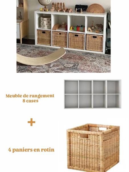 Meuble de rangement à 8 cases + 4 paniers en rotin