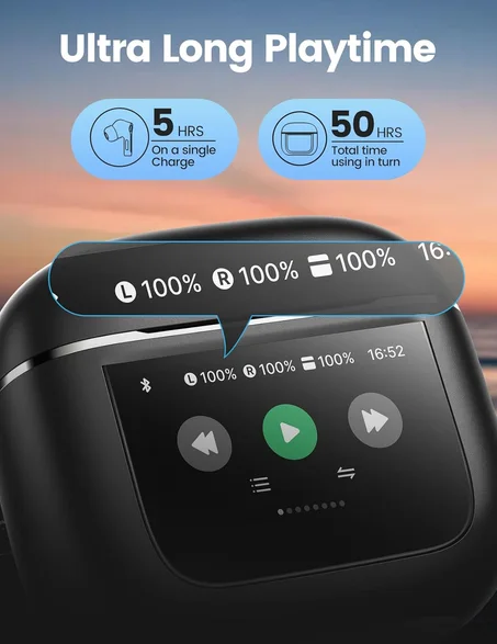 سماعات اذن لاسلكية بلوتوث 5.3 مع شاشة لمس LED ووقت تشغيل 50 ساعة، سماعات اذن ستيريو بصوت جهوري عميق مع ميكروفون، مقاومة للماء بدرجة IPX7 لاجهزة ايباد والتابلت واللابتوب وجوالات اندرويد/iOS