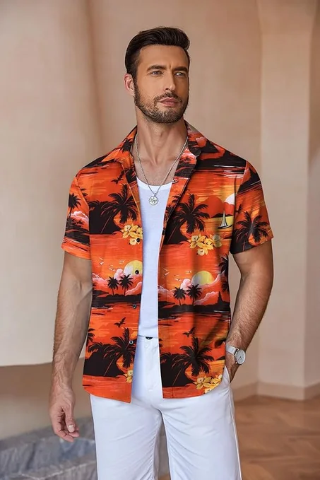 كوفاندي قمصان كتان كاجوال باكمام قصيرة وازرار امامية للرجال، قميص للشاطئ والصيف والزفاف للرجال