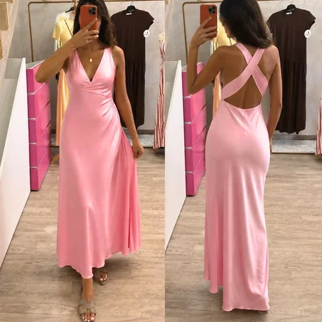 Robe ZARA longue en satin rose