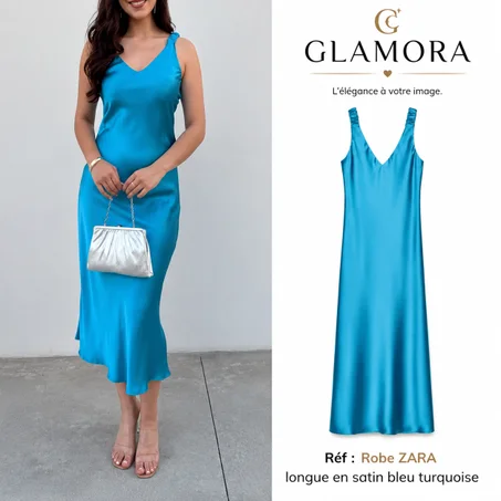 Robe ZARA longue en satin bleu turquoise