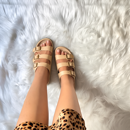 Sandales Plates à Trois Brides Beige