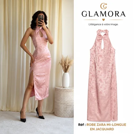 Robe Zara mi-longue en jacquard rose