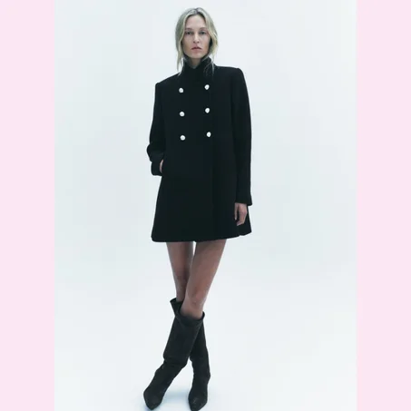 Manteau Zara Noir à col montant et boutons dorés