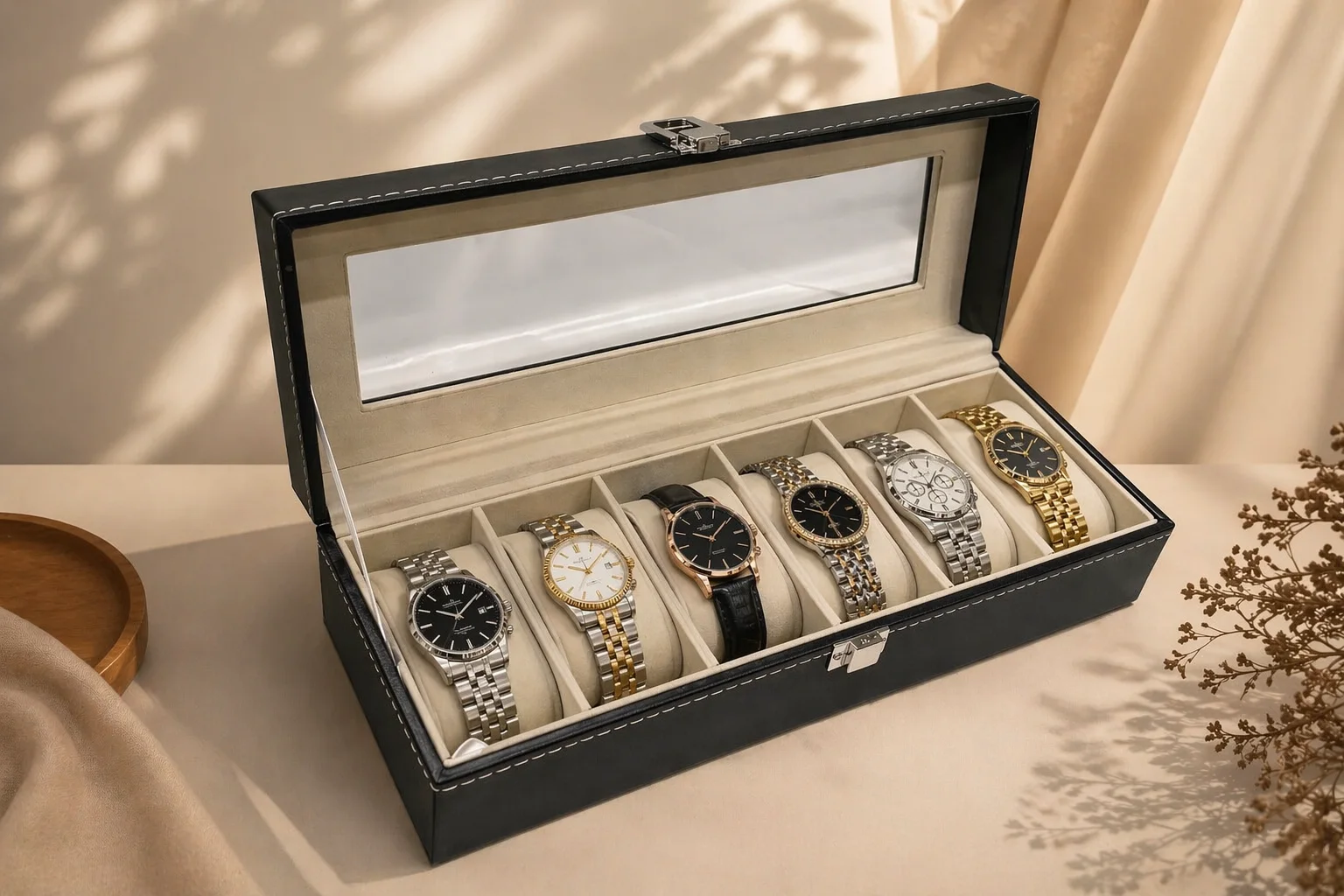 علبة تنظيم ساعات جلدية – 6 حصص