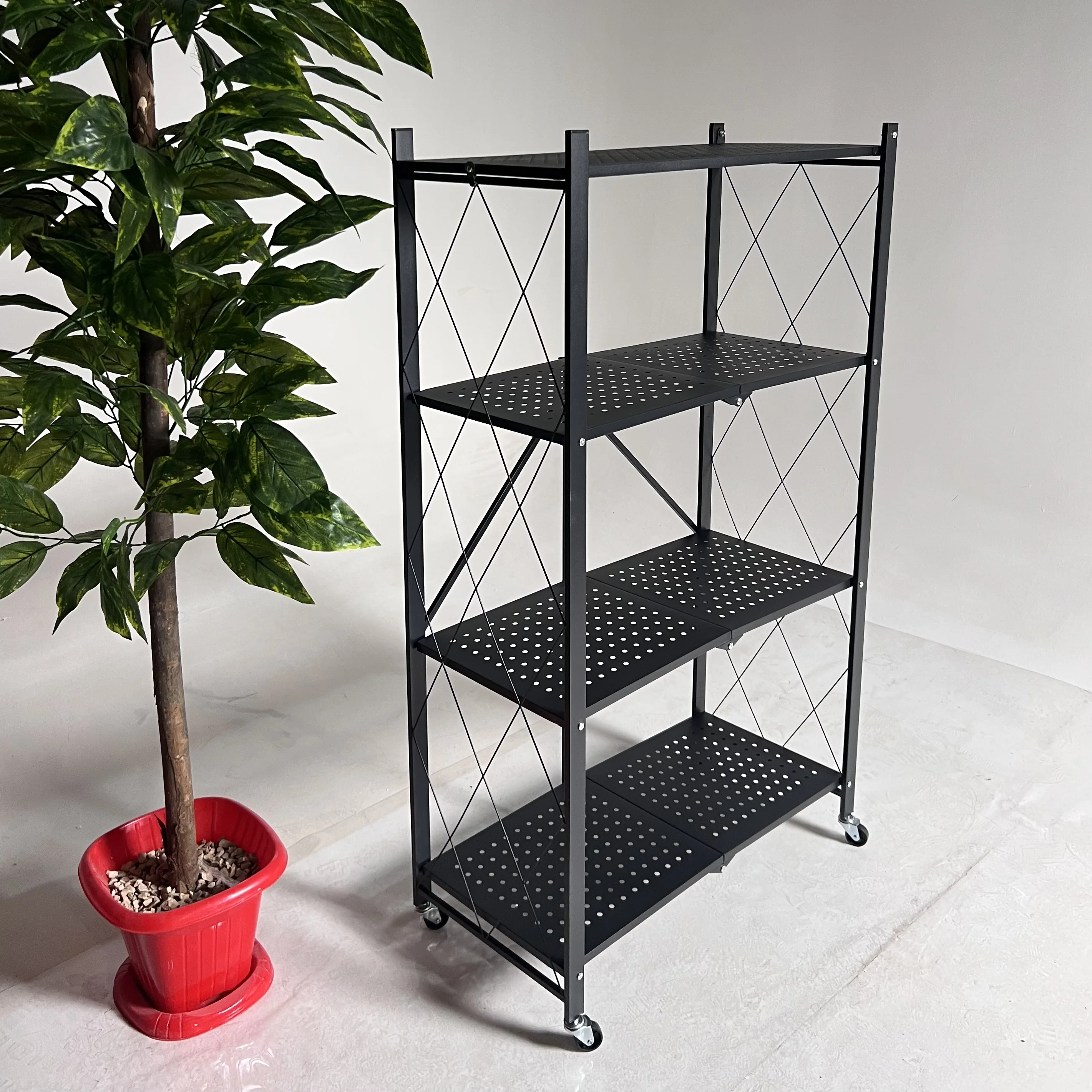 رف تخزين معدني قابل للطي 4 طبقات بعجلات