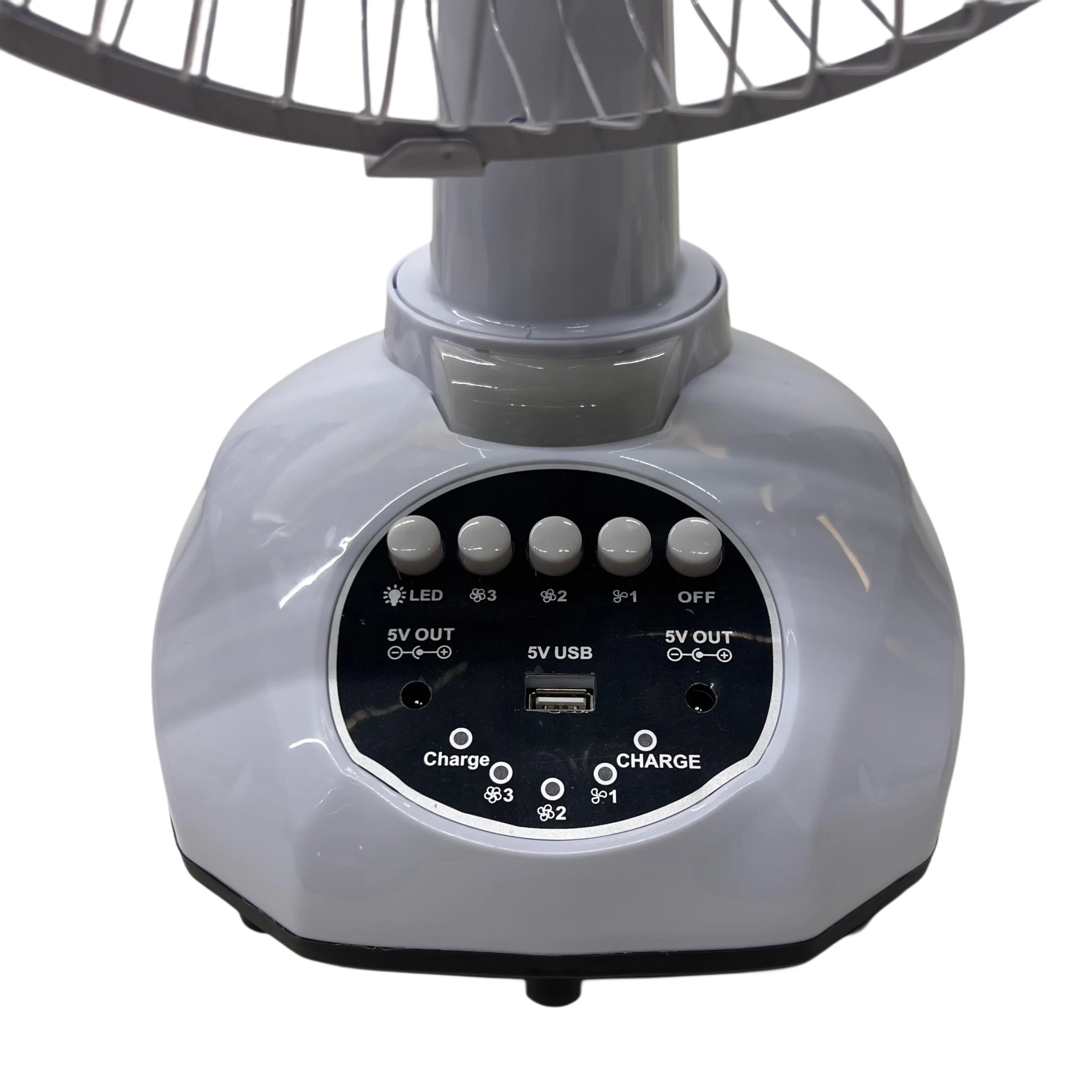 مروحة قابلة للشحن مع بطارية داخلية – 3 سرعات، منفذي USB، إضاءة منفصلة