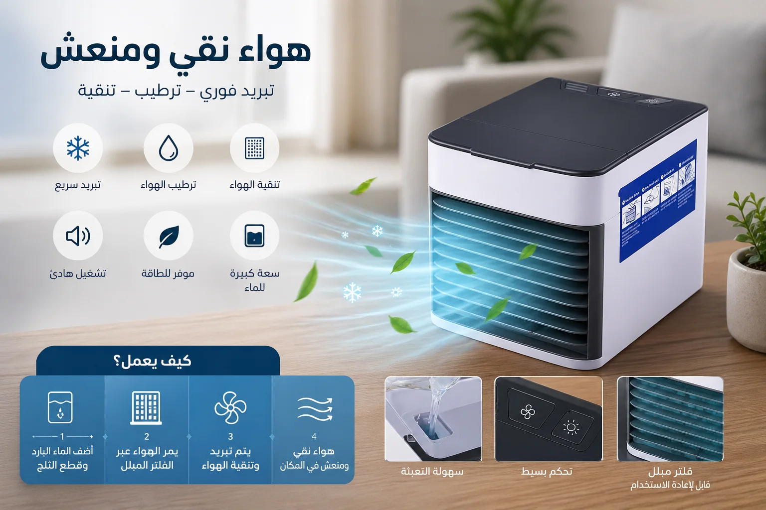 مكيف محمول بفلتر تبخيري وضوء ليلي