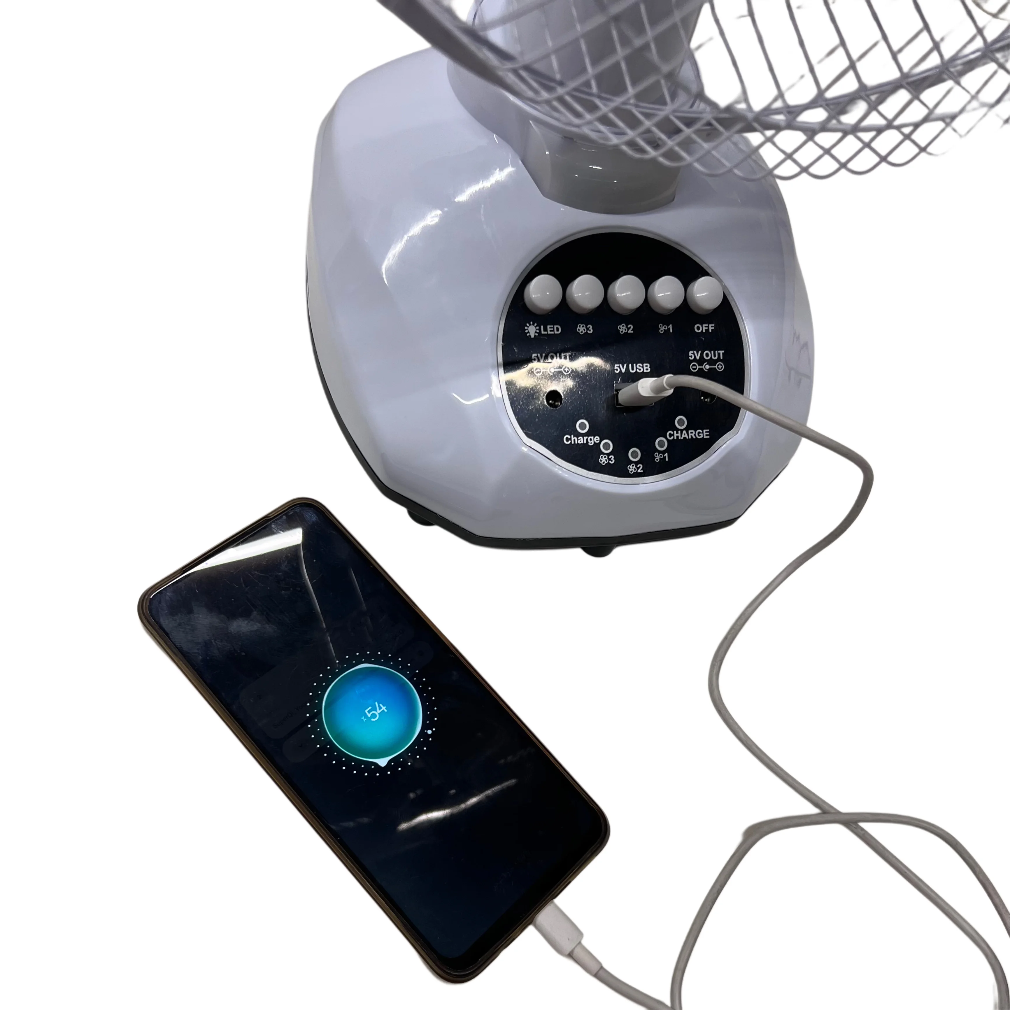 مروحة قابلة للشحن مع بطارية داخلية – 3 سرعات، منفذي USB، إضاءة منفصلة