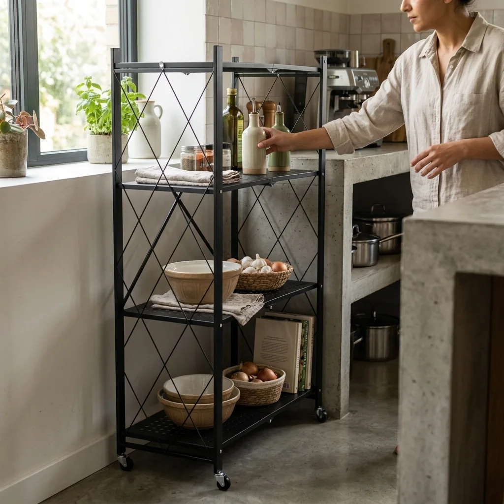 رف تخزين معدني قابل للطي 4 طبقات بعجلات