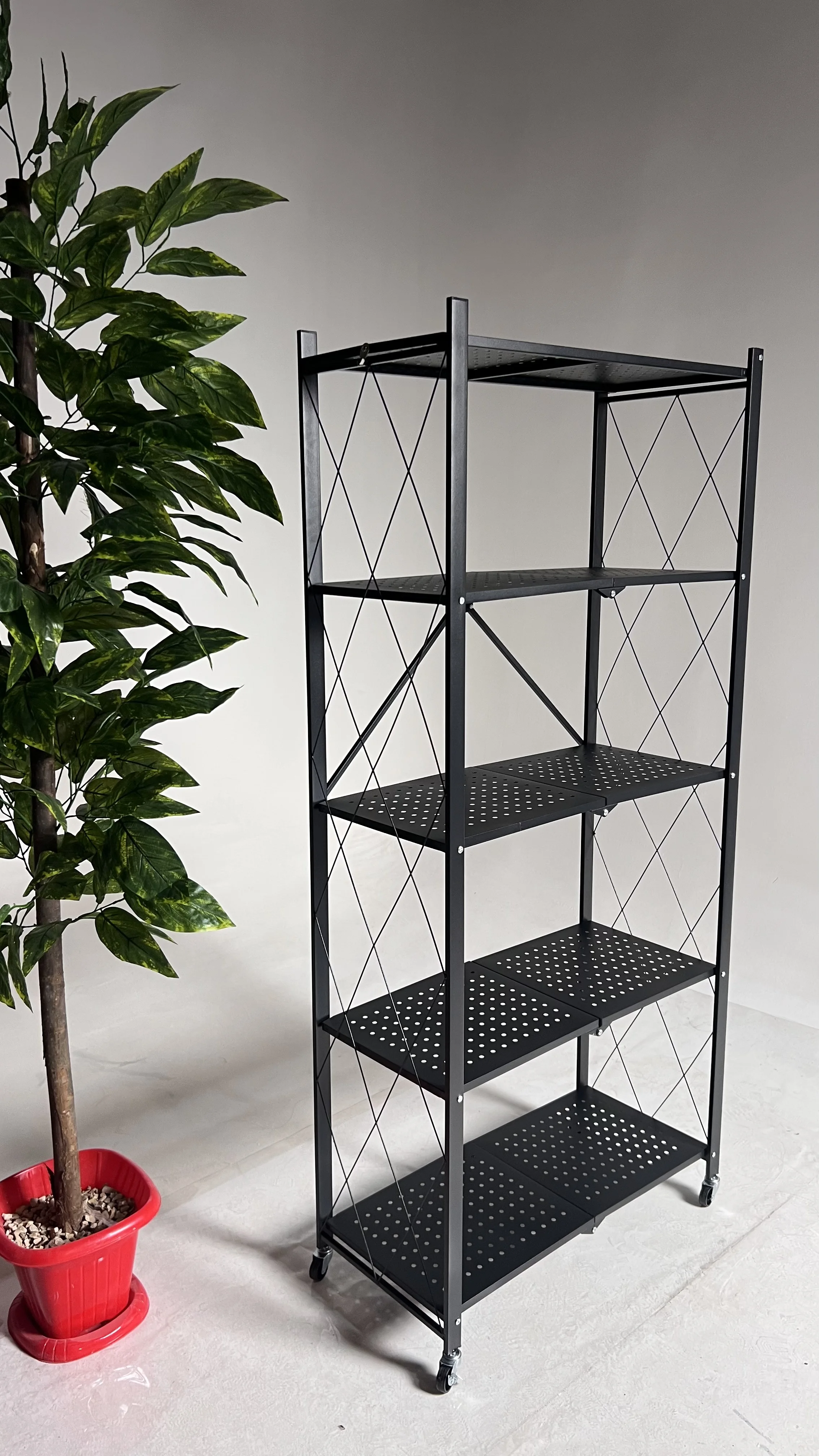 رف تخزين معدني قابل للطي 5 طبقات بعجلات