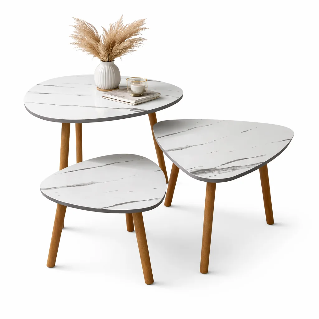 طقم طاولات رخامي متداخل 3 قطع – أرجل خشبية، تصميم عصري، أبيض مع عروق سوداء