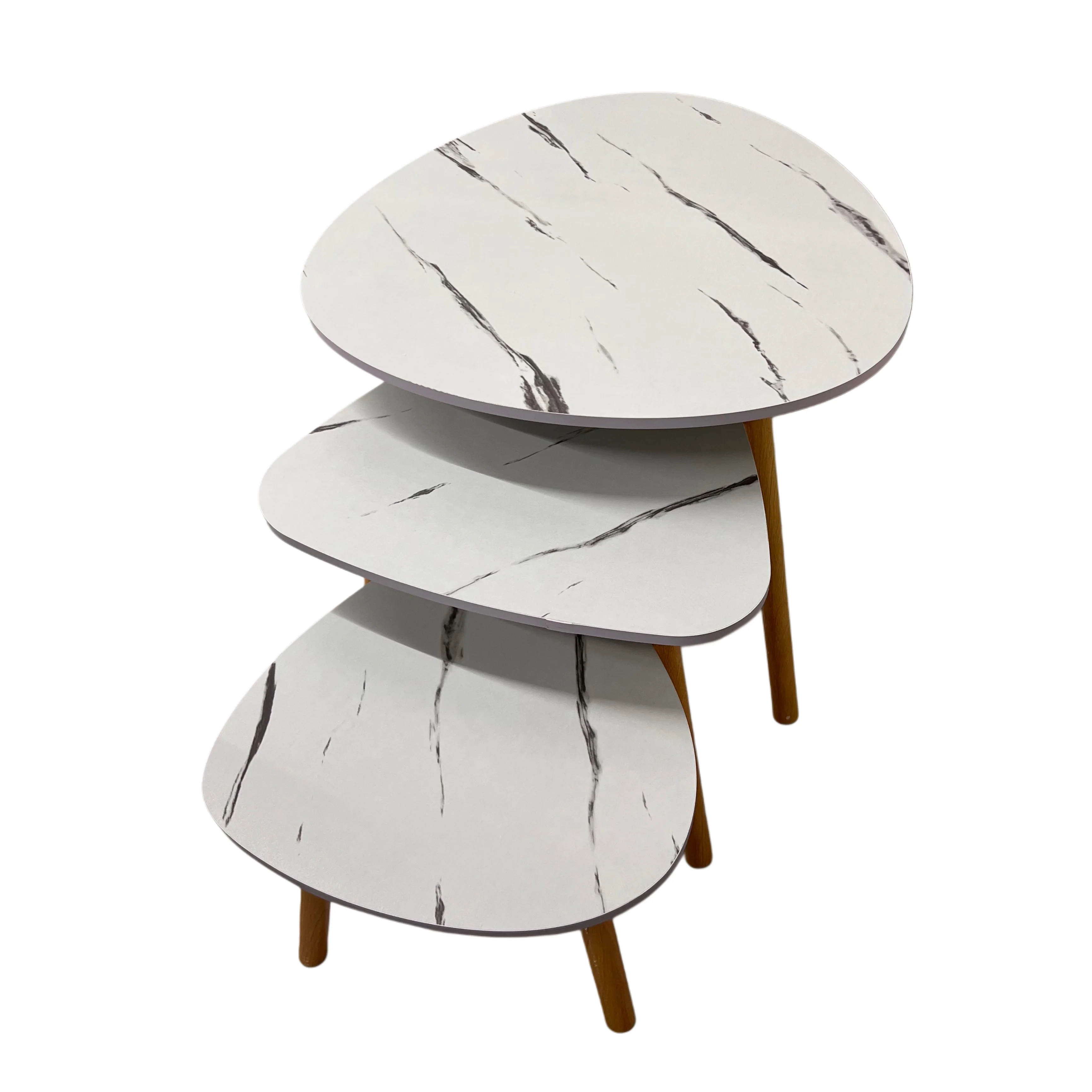 طقم طاولات رخامي متداخل 3 قطع – أرجل خشبية، تصميم عصري، أبيض مع عروق سوداء