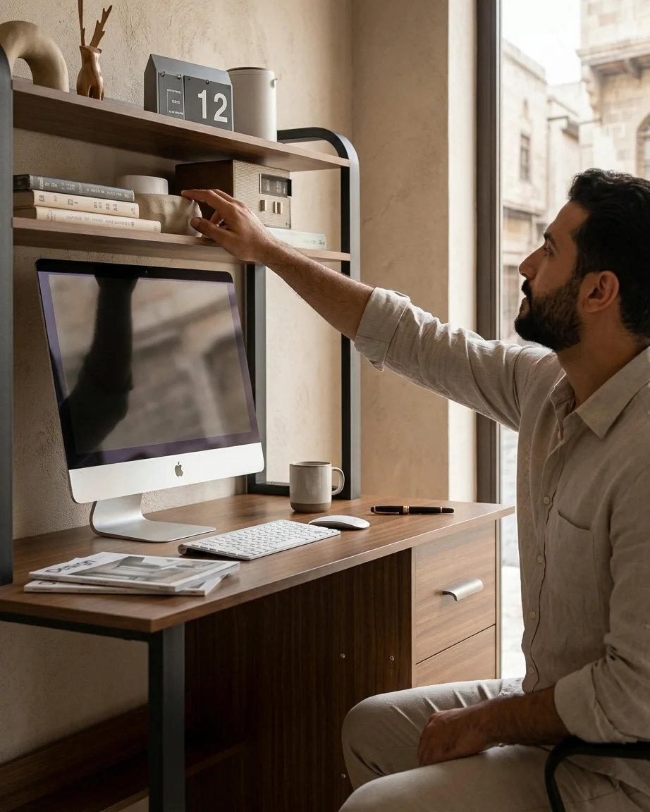 مكتب البلوط الأسود الهندسي ذو الأبعاد المثالية للمساحات المحدودة مع وحدات تخزين ذكية