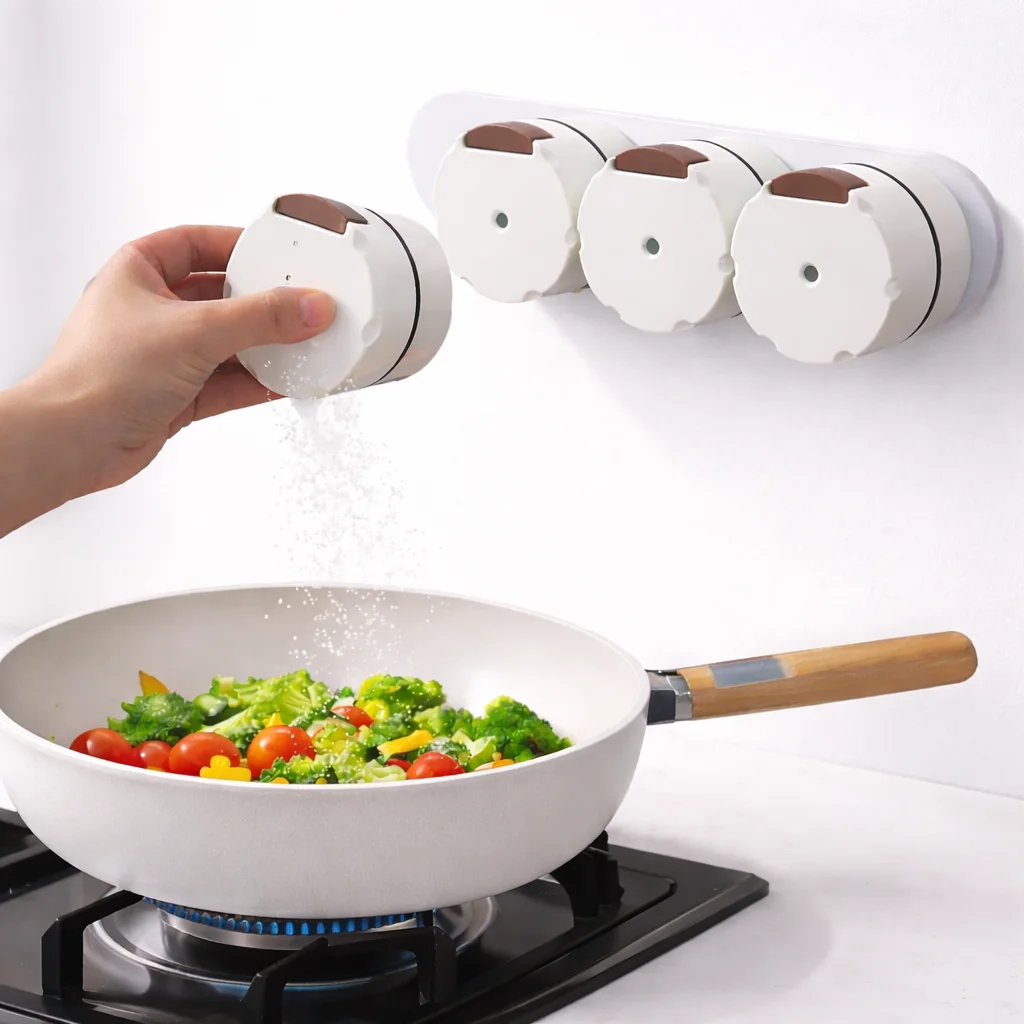 طقم علب توابل مغناطيسية جدارية – شفاف، نظام ضغط علوي 0.5 جرام، تركيب بدون حفر