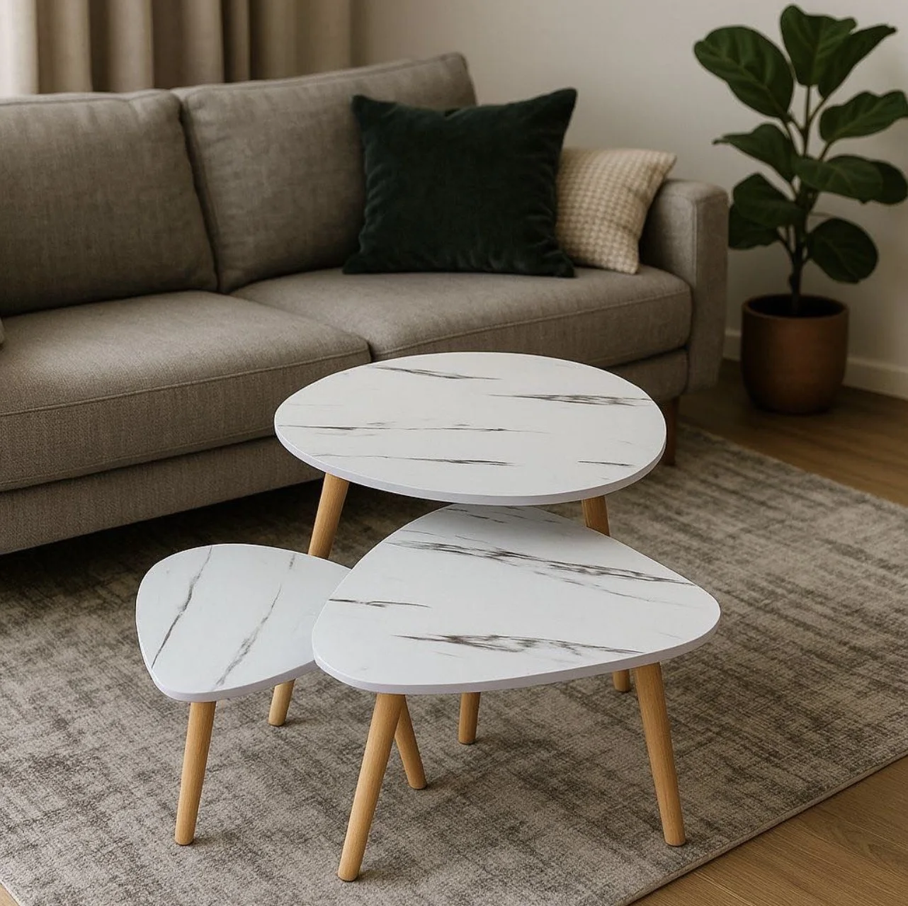 طقم طاولات رخامي متداخل 3 قطع – أرجل خشبية، تصميم عصري، أبيض مع عروق سوداء