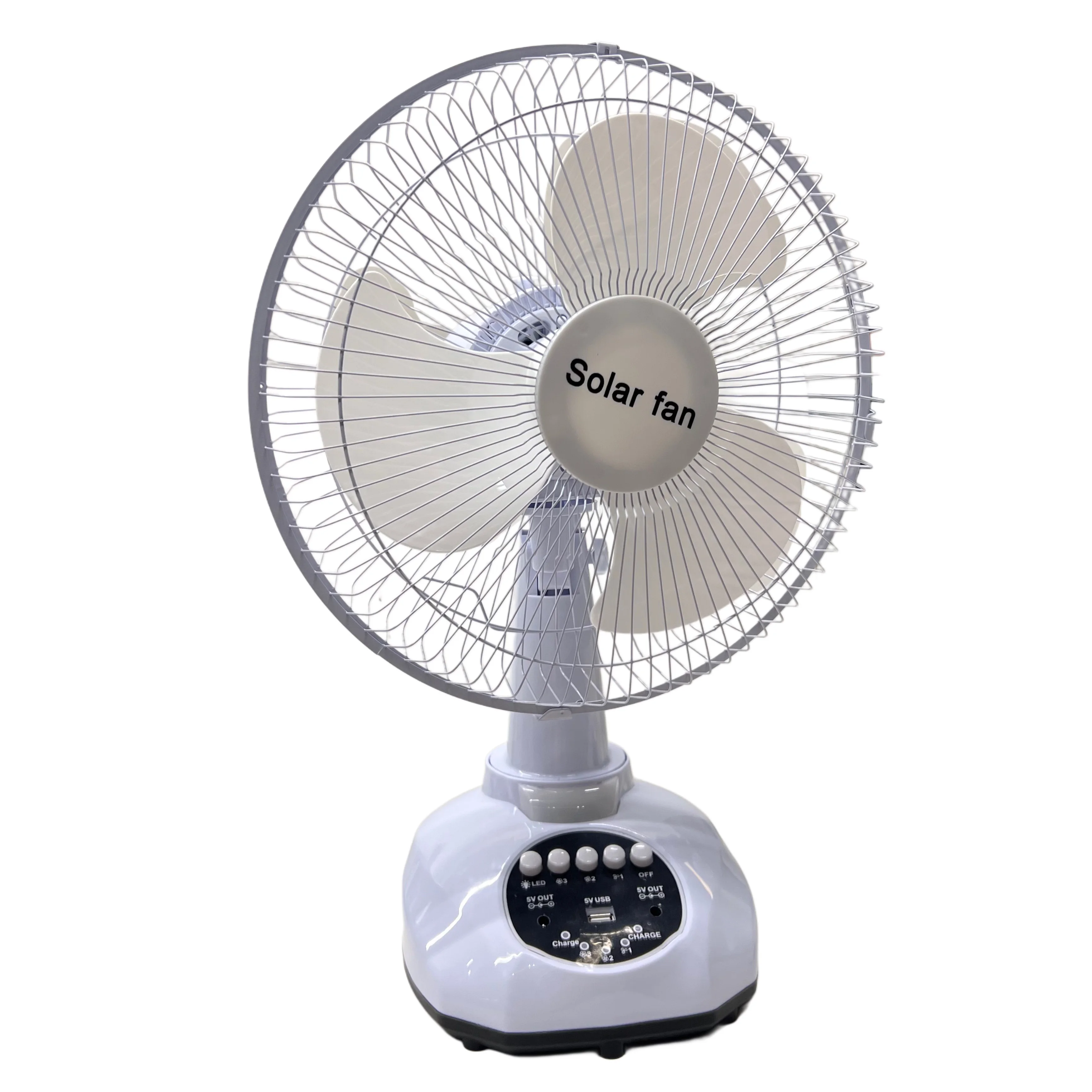 مروحة قابلة للشحن مع بطارية داخلية – 3 سرعات، منفذي USB، إضاءة منفصلة