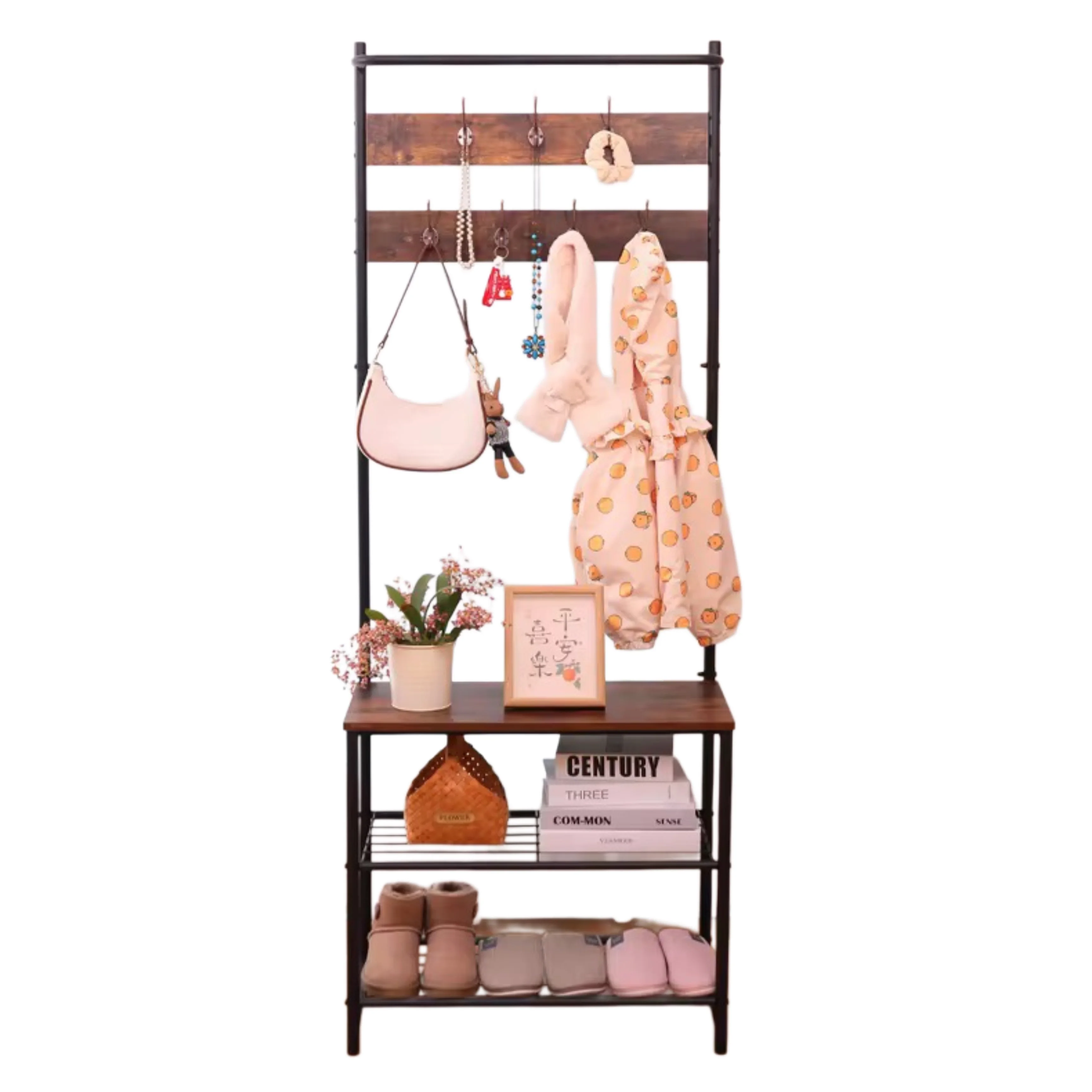 ستاند خشبي متعدد الاستخدامات 3 في 1 – مع خطافات ومقعد ورفوف أحذية