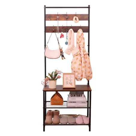 ستاند خشبي متعدد الاستخدامات 3 في 1 – مع خطافات ومقعد ورفوف أحذية