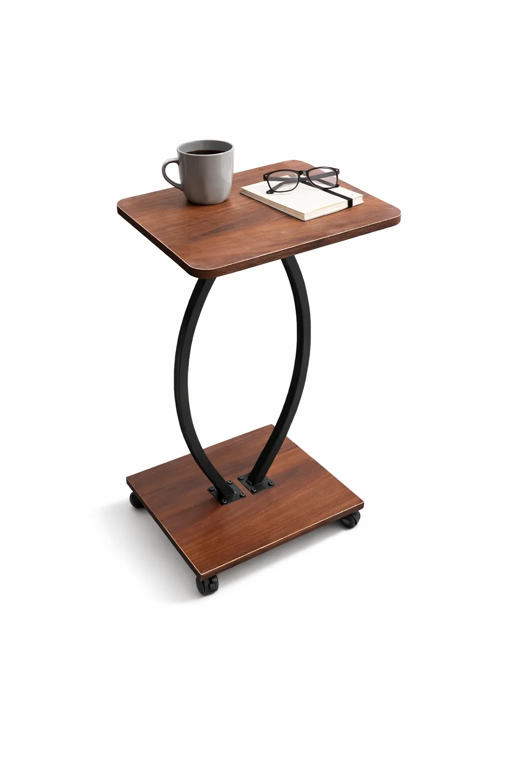 طاولة جانبية متحركة قابلة للتثبيت – تصميم C بعجلتين مع رف سفلي