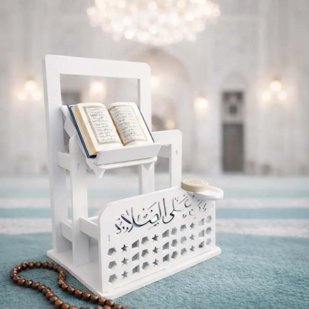 منظم الركن الديني – أبيض، حامل قرآن مائل، نقوش إسلامية مفرغة، حامل تربة وشمعة، تعليق سجاد