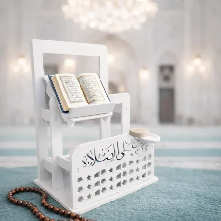 منظم الركن الديني – أبيض، حامل قرآن مائل، نقوش إسلامية مفرغة، حامل تربة وشمعة، تعليق سجاد