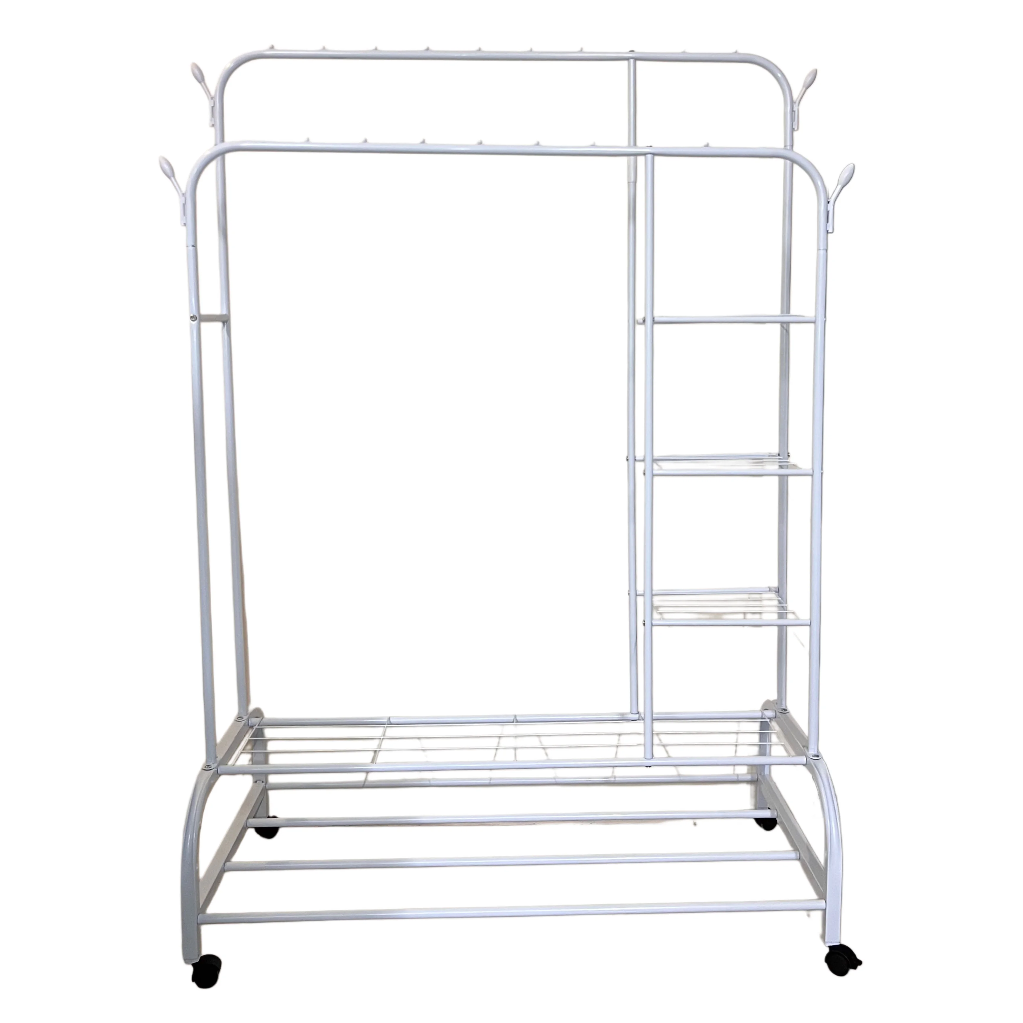 حامل ملابس مزدوج بعمودين و4 رفوف جانبية – سعة 88 كغم بعجلات قابلة للقفل