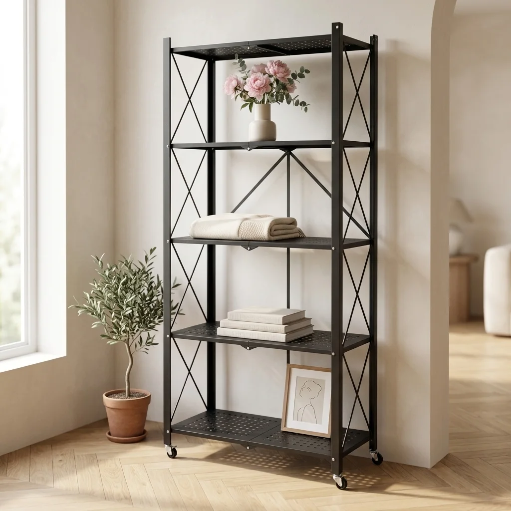 رف تخزين معدني قابل للطي 5 طبقات بعجلات