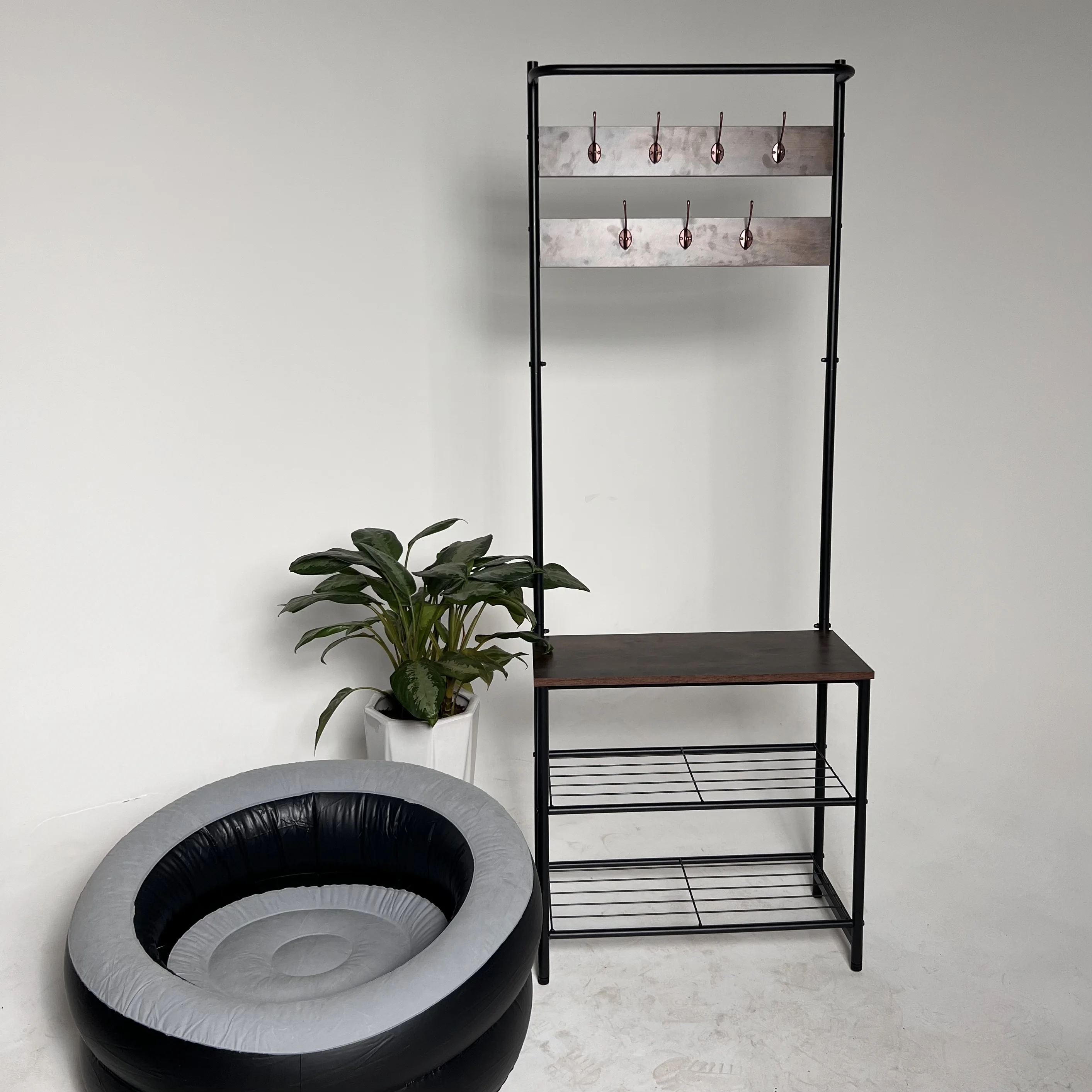 ستاند خشبي متعدد الاستخدامات 3 في 1 – مع خطافات ومقعد ورفوف أحذية