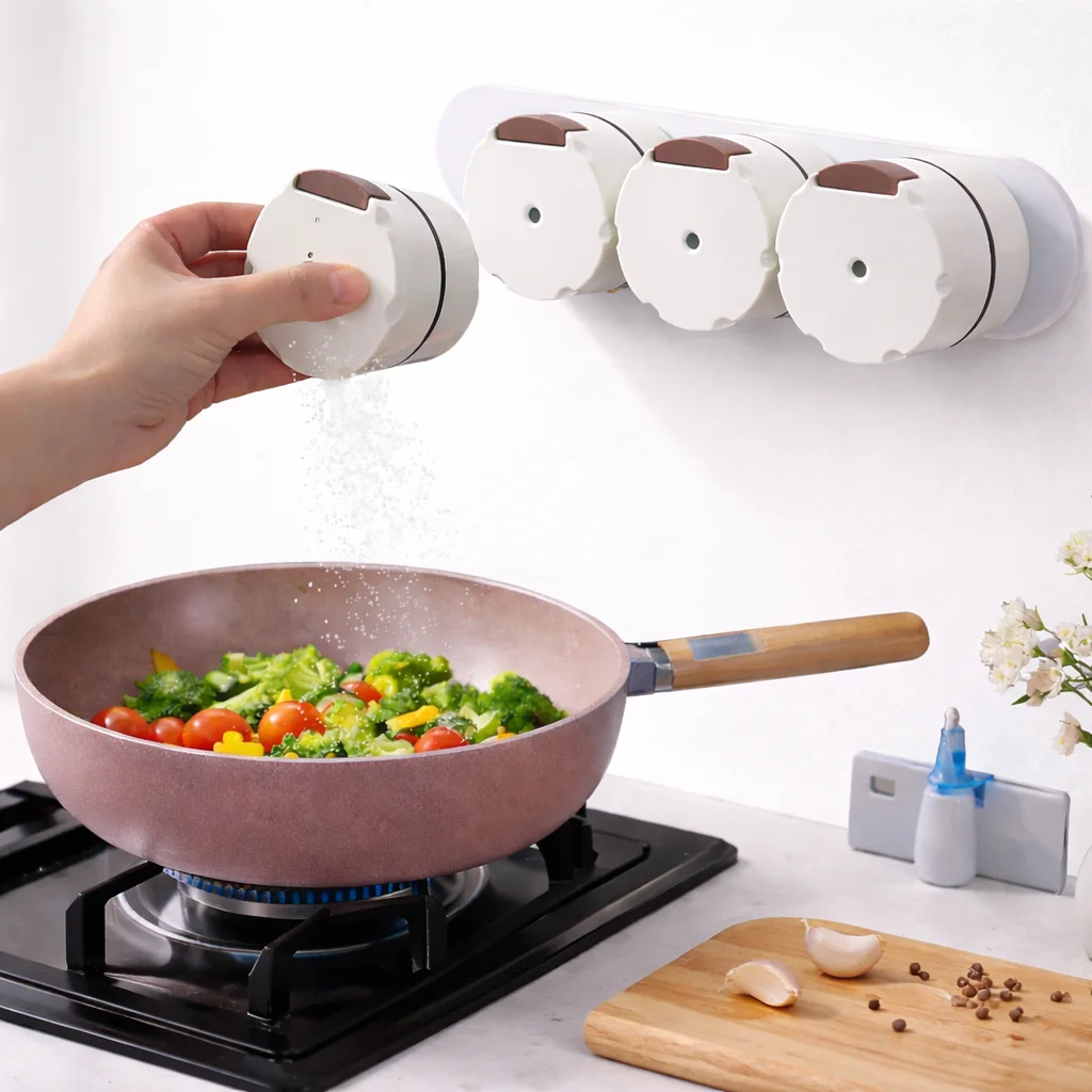 طقم علب توابل مغناطيسية جدارية – شفاف، نظام ضغط علوي 0.5 جرام، تركيب بدون حفر