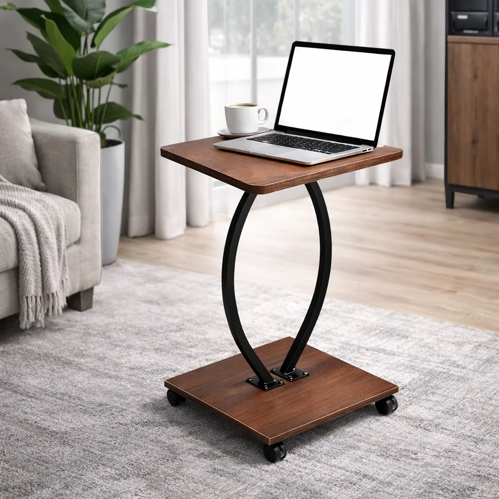 طاولة جانبية متحركة قابلة للتثبيت – تصميم C بعجلتين مع رف سفلي