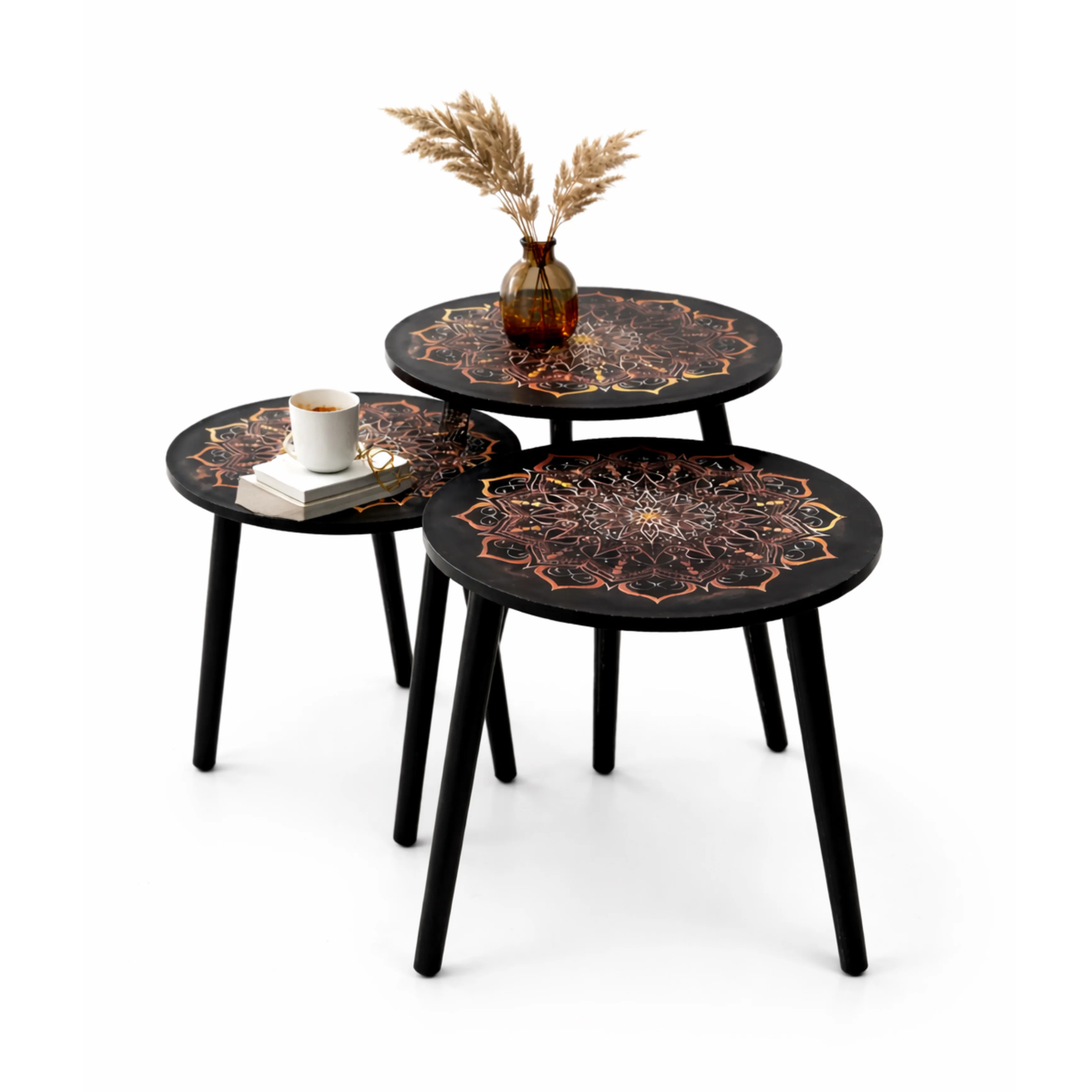 طقم طاولات متداخلة 3 قطع بنقشة الماندالا – أسود مع لمسات نحاسية وبرونزية، أبعاد 40 سم