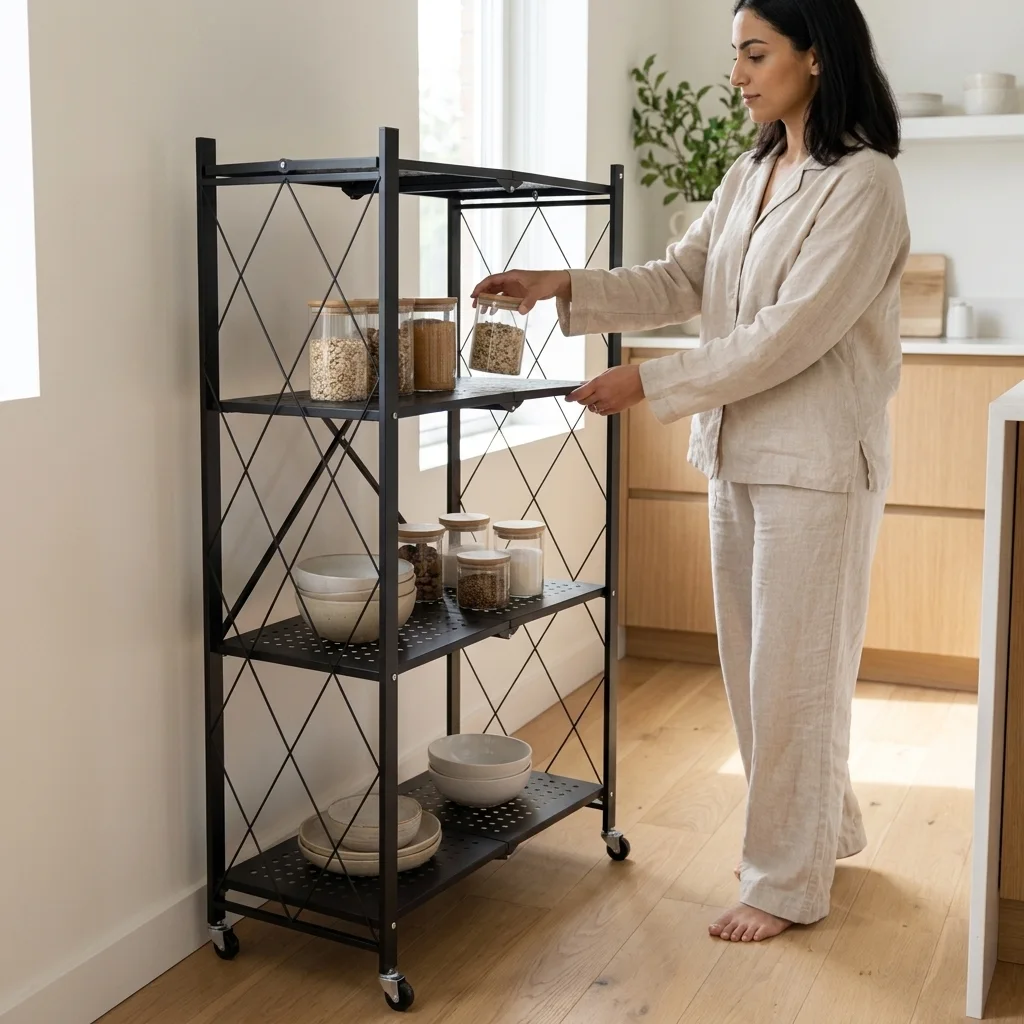 رف تخزين معدني قابل للطي 4 طبقات بعجلات