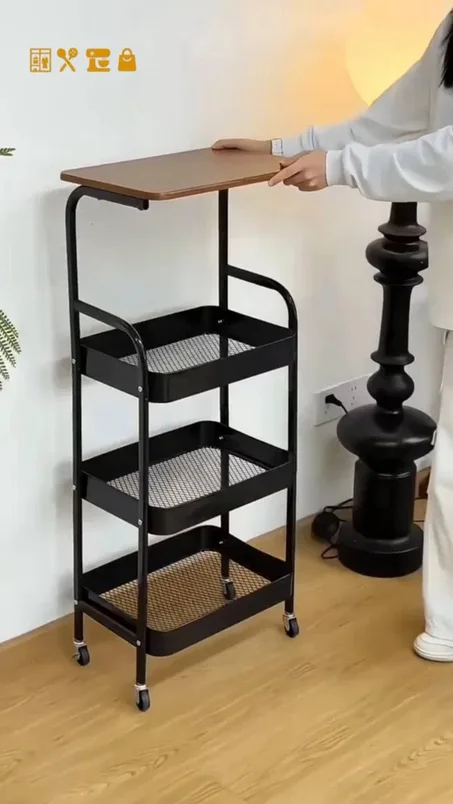 عربة تخزين متعددة الاستخدامات 3 طبقات - سطح خشبي علوي قابل للانزلاق فوق الأريكة، عجلات دوارة 360 درجة، هيكل فولاذي مطفي