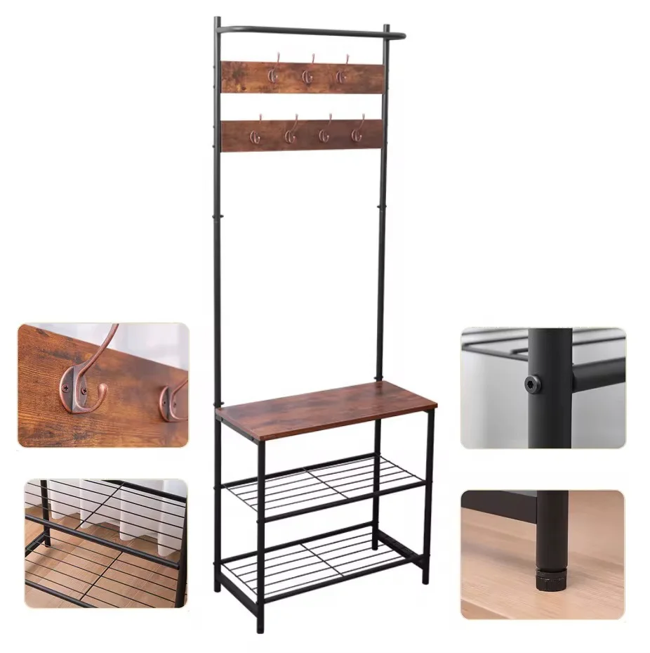 ستاند خشبي متعدد الاستخدامات 3 في 1 – مع خطافات ومقعد ورفوف أحذية