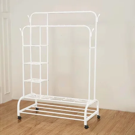 حامل ملابس مزدوج بعمودين و4 رفوف جانبية – سعة 88 كغم بعجلات قابلة للقفل