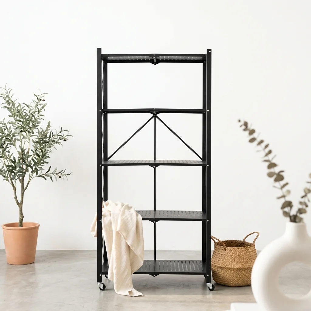 رف تخزين معدني قابل للطي 5 طبقات بعجلات