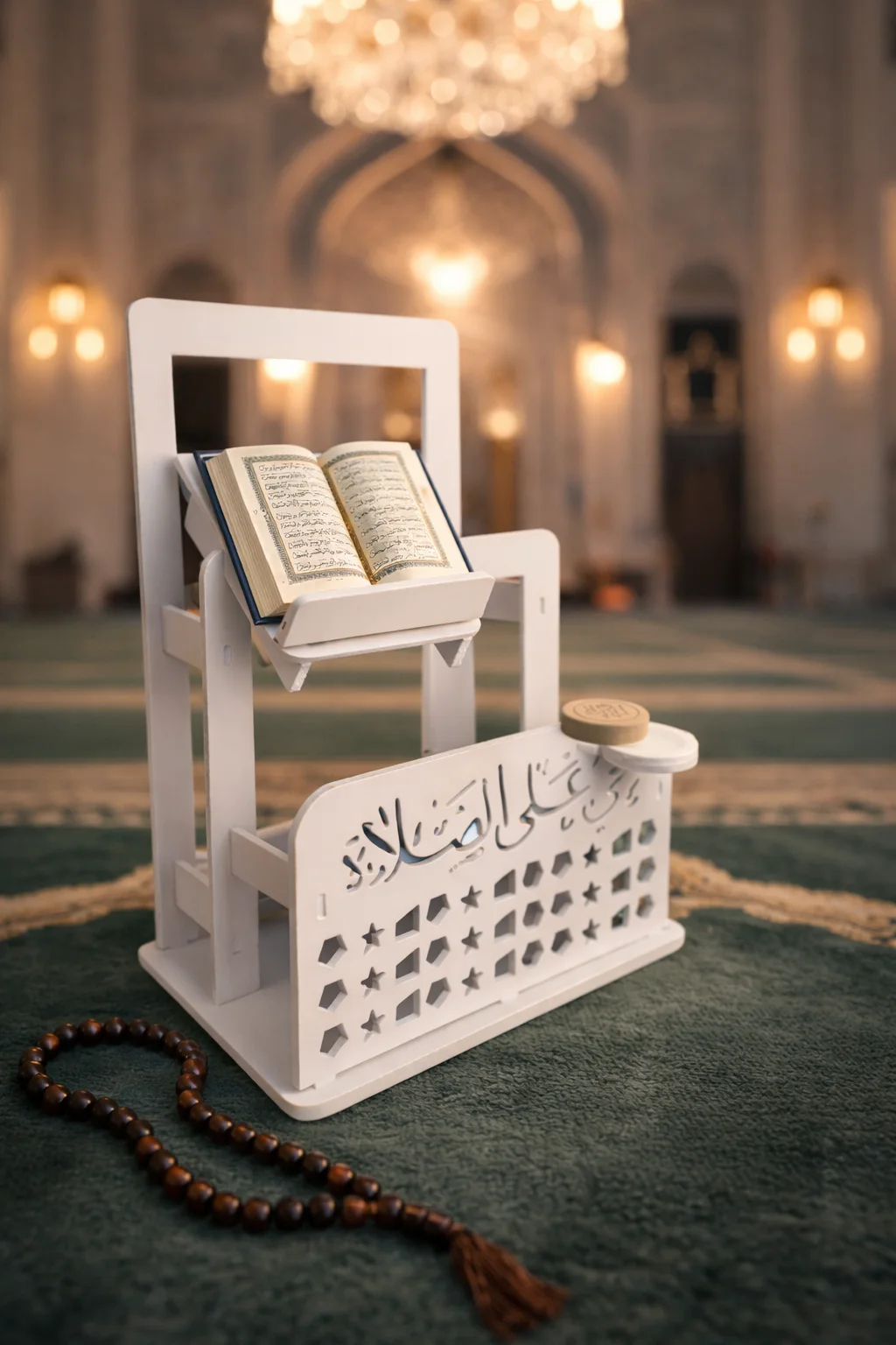 منظم الركن الديني – أبيض، حامل قرآن مائل، نقوش إسلامية مفرغة، حامل تربة وشمعة، تعليق سجاد