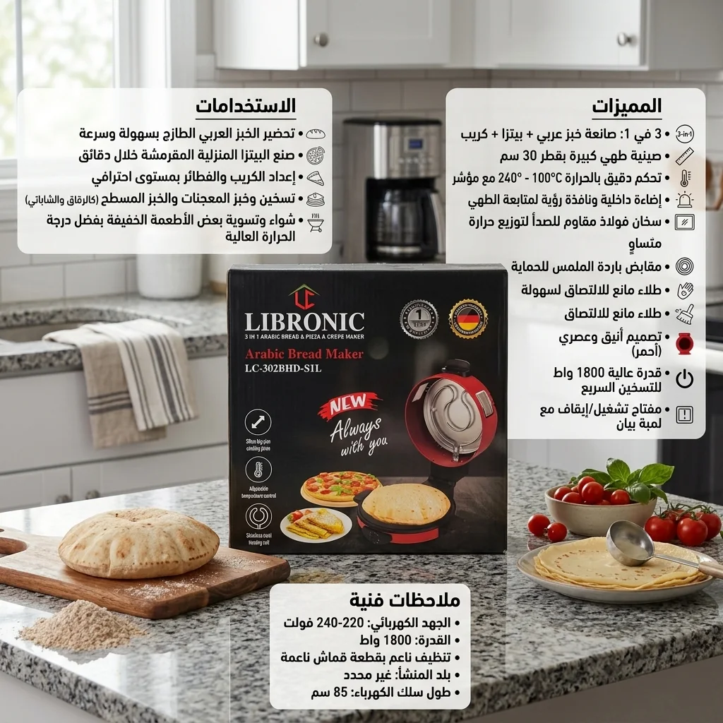 محضرة الخبز، البيتزا، والكريب بسطح غير لاصق