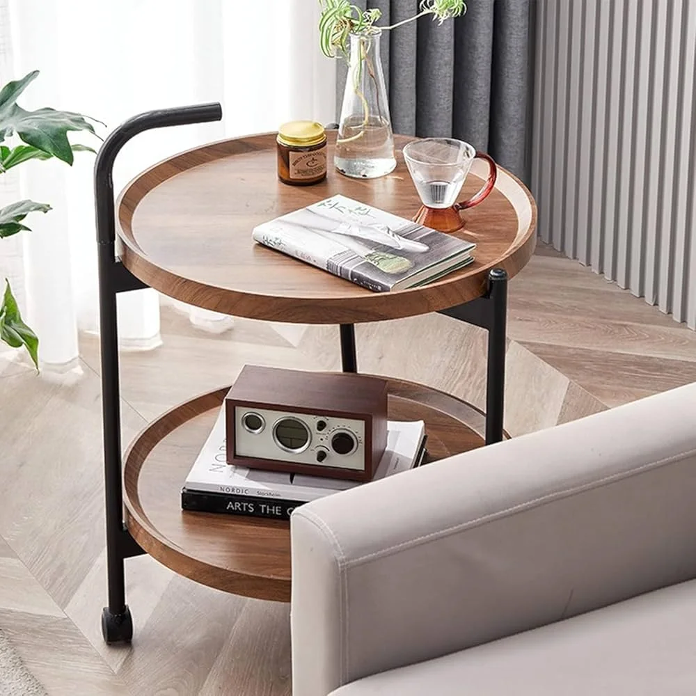 عربة تقديم وضيافة متحركة (طاولة دائرية برفين) - خشب ومعدن | الدفع عند الاستلام